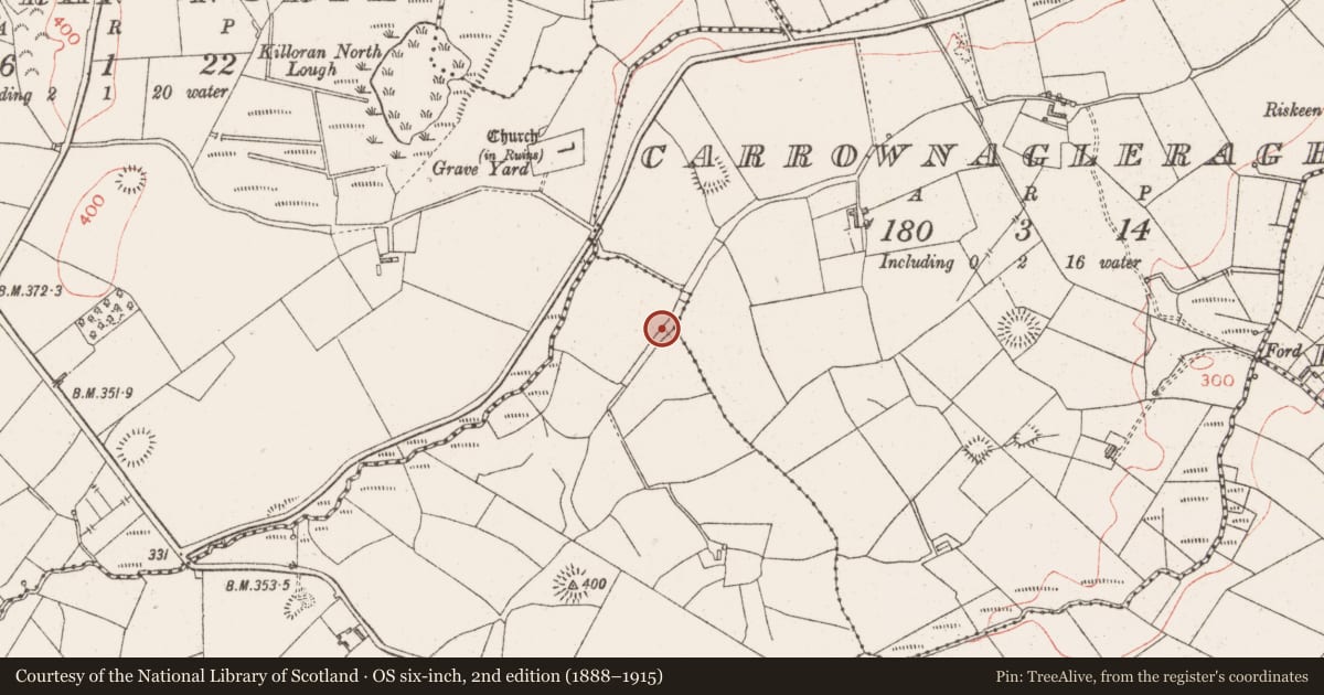 Ordnance Survey six-inch map, 2nd edition (1888–1915) covering the location of Road - road/trackway, Carrownagleragh, County Sligo, with a pin at the register's coordinates