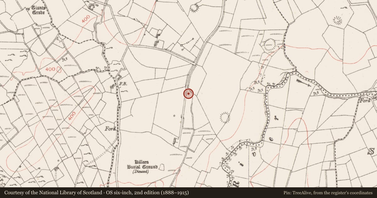 Ordnance Survey six-inch map, 2nd edition (1888–1915) covering the location of Fulacht fia, Gortakeeran, County Sligo, with a pin at the register's coordinates