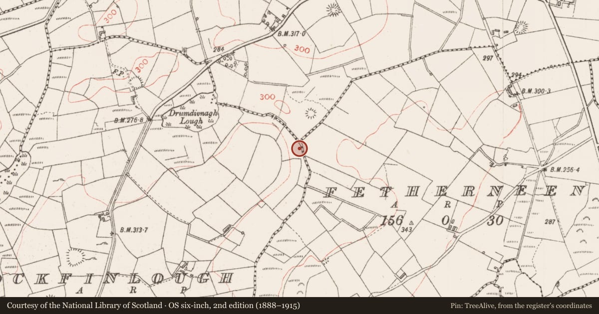 Ordnance Survey six-inch map, 2nd edition (1888–1915) covering the location of Burnt mound, Fetherneen, County Sligo, with a pin at the register's coordinates