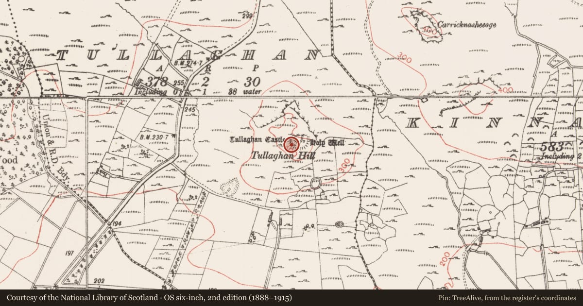 Ordnance Survey six-inch map, 2nd edition (1888–1915) covering the location of Field boundary, Tullaghan, County Sligo, with a pin at the register's coordinates