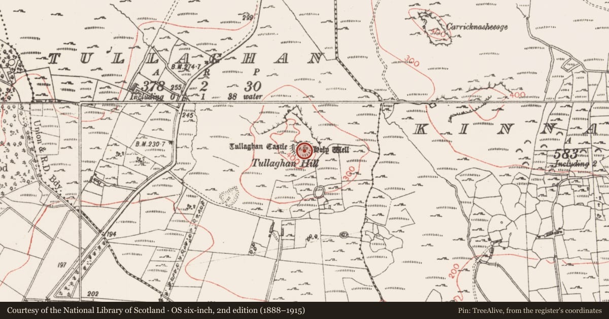 Ordnance Survey six-inch map, 2nd edition (1888–1915) covering the location of Ritual site - holy well, Tullaghan, County Sligo, with a pin at the register's coordinates