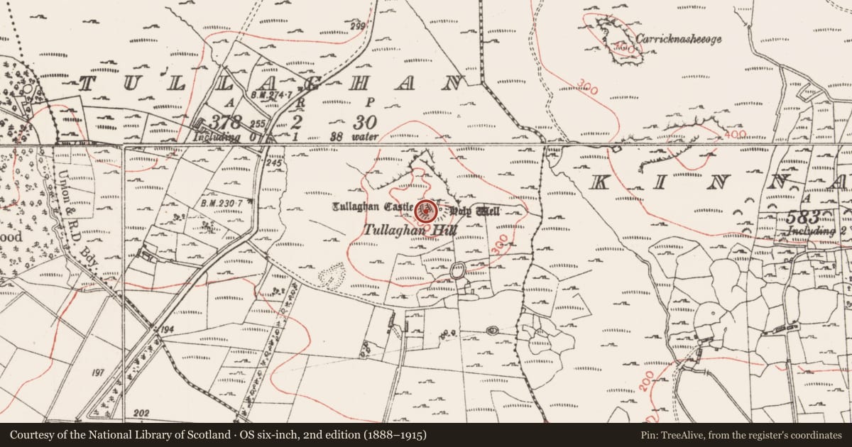 Ordnance Survey six-inch map, 2nd edition (1888–1915) covering the location of Penitential station, Tullaghan, County Sligo, with a pin at the register's coordinates