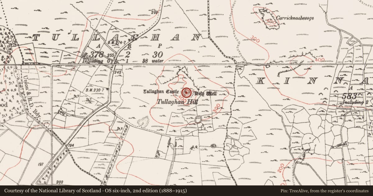 Ordnance Survey six-inch map, 2nd edition (1888–1915) covering the location of Souterrain, Tullaghan, County Sligo, with a pin at the register's coordinates