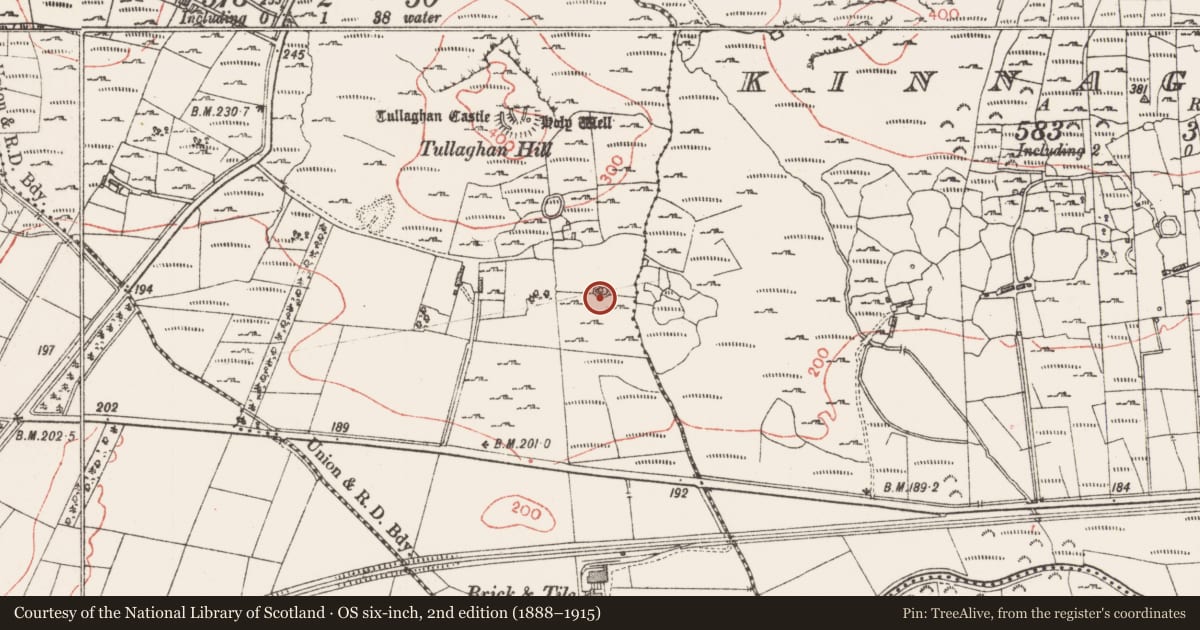 Ordnance Survey six-inch map, 2nd edition (1888–1915) covering the location of Ringfort - cashel, Tullaghan, County Sligo, with a pin at the register's coordinates
