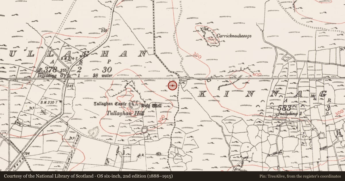 Ordnance Survey six-inch map, 2nd edition (1888–1915) covering the location of Hut site, Tullaghan, County Sligo, with a pin at the register's coordinates