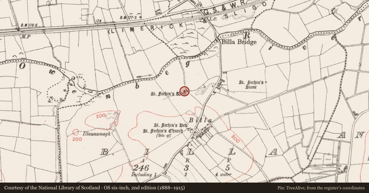 Ordnance Survey six-inch map, 2nd edition (1888–1915) covering the location of Ritual site - holy well, Billa, County Sligo, with a pin at the register's coordinates