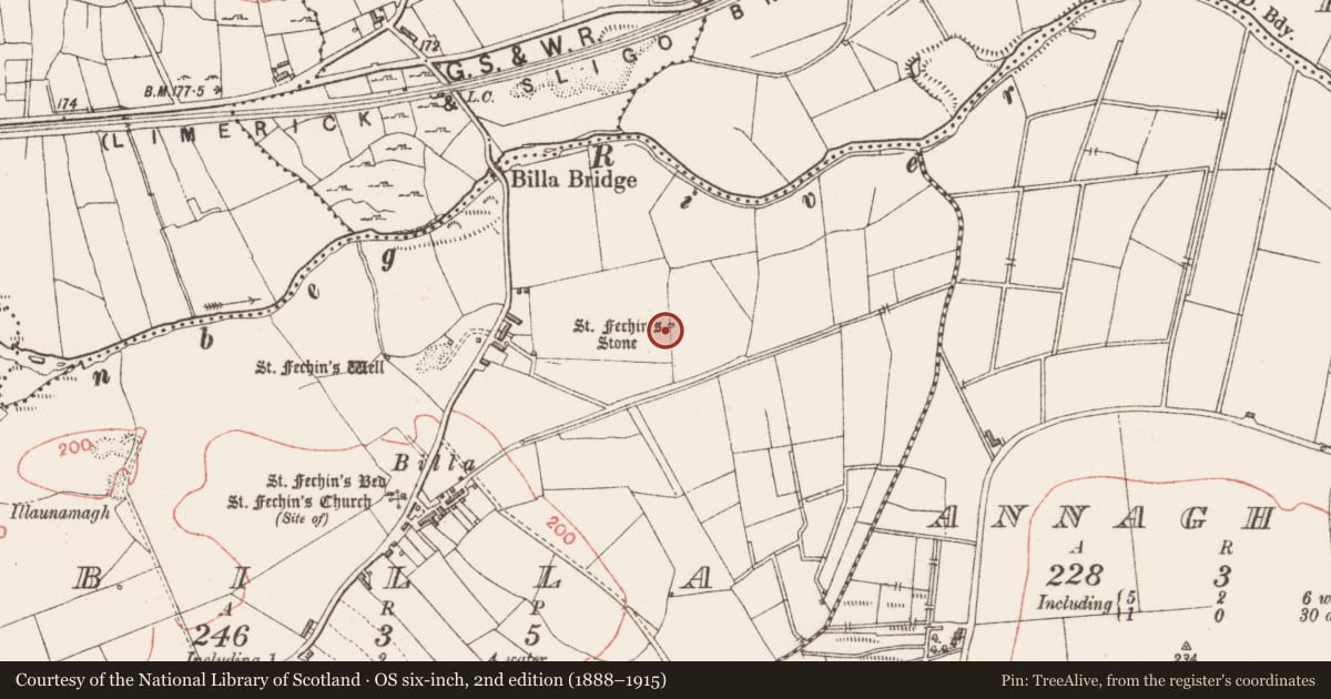 Ordnance Survey six-inch map, 2nd edition (1888–1915) covering the location of Ritual site - holy/saint's stone, Billa, County Sligo, with a pin at the register's coordinates