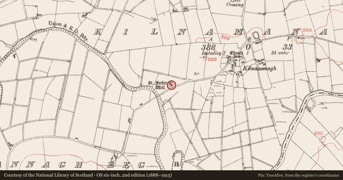 Ordnance Survey six-inch map, 2nd edition (1888–1915) covering the location of Ritual site - holy well, Kilnamanagh, County Sligo, with a pin at the register's coordinates