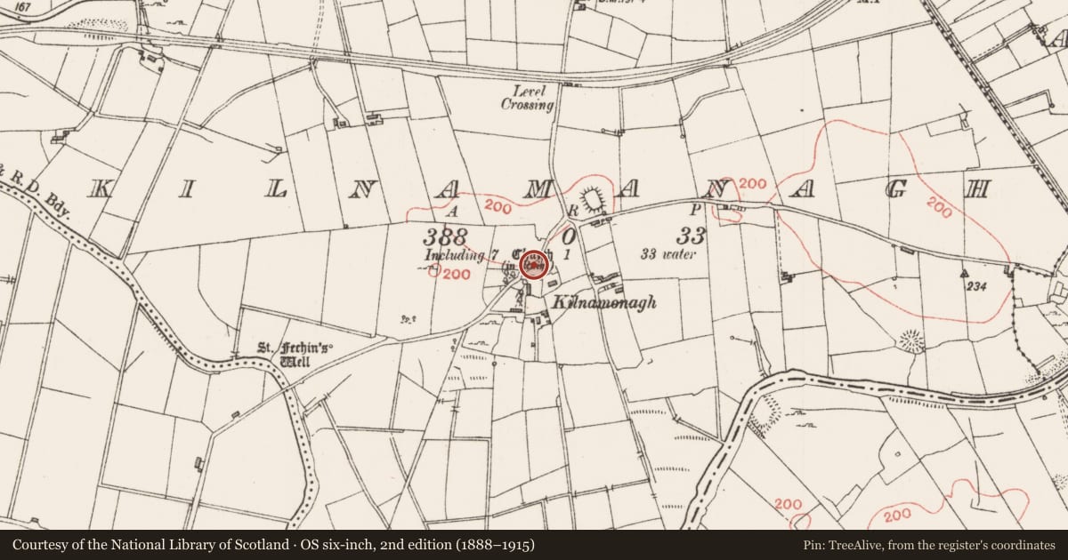 Ordnance Survey six-inch map, 2nd edition (1888–1915) covering the location of Church, Kilnamanagh, County Sligo, with a pin at the register's coordinates