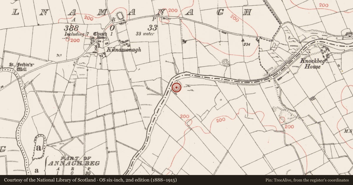Ordnance Survey six-inch map, 2nd edition (1888–1915) covering the location of Moated site, Knockbeg West, County Sligo, with a pin at the register's coordinates