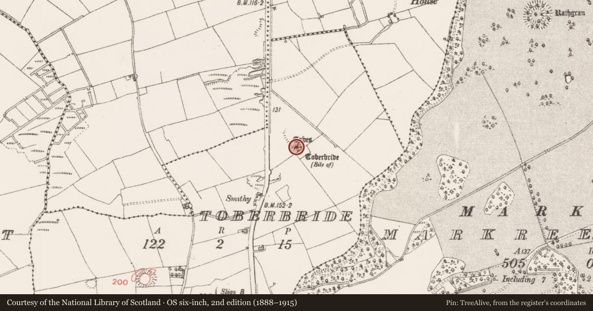 Ordnance Survey six-inch map, 2nd edition (1888–1915) covering the location of Souterrain, Toberbride, County Sligo, with a pin at the register's coordinates