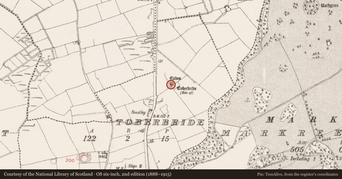 Ordnance Survey six-inch map, 2nd edition (1888–1915) covering the location of Ritual site - holy well, Toberbride, County Sligo, with a pin at the register's coordinates