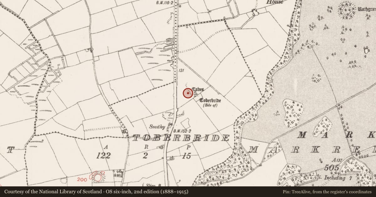 Ordnance Survey six-inch map, 2nd edition (1888–1915) covering the location of Fulacht fia, Toberbride, County Sligo, with a pin at the register's coordinates