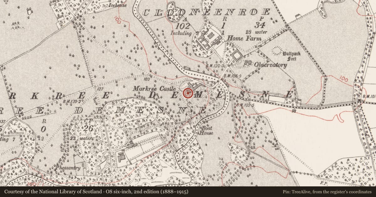 Ordnance Survey six-inch map, 2nd edition (1888–1915) covering the location of House - 16th/17th century, Markree Demesne, County Sligo, with a pin at the register's coordinates