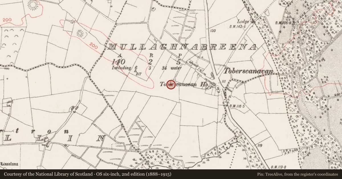 Ordnance Survey six-inch map, 2nd edition (1888–1915) covering the location of Enclosure, Mullaghnabreena, County Sligo, with a pin at the register's coordinates