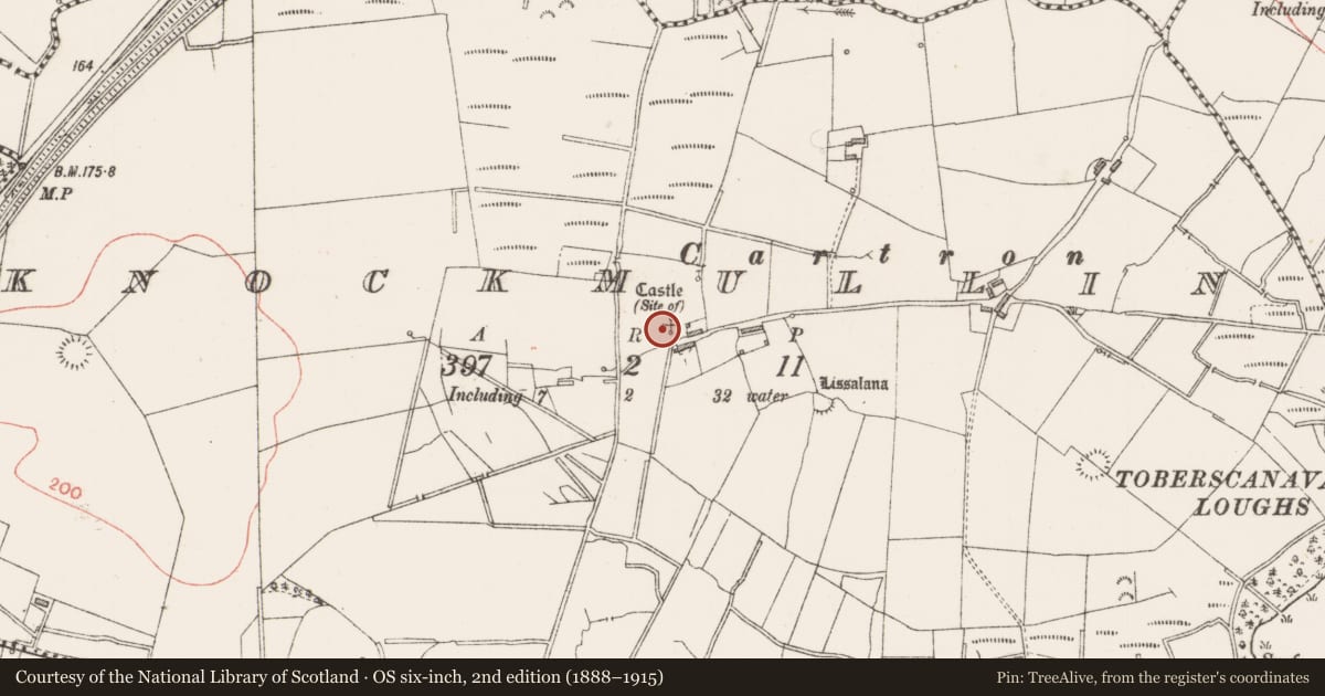 Ordnance Survey six-inch map, 2nd edition (1888–1915) covering the location of Castle - unclassified, Knockmullin, County Sligo, with a pin at the register's coordinates