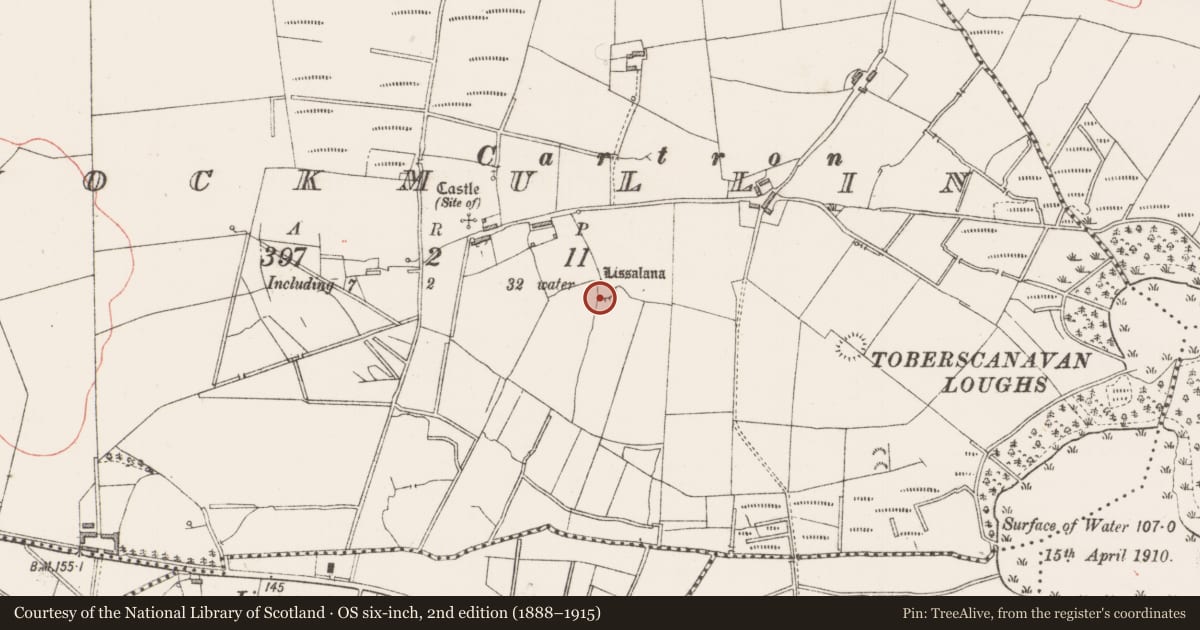 Ordnance Survey six-inch map, 2nd edition (1888–1915) covering the location of Children's burial ground, Knockmullin, County Sligo, with a pin at the register's coordinates