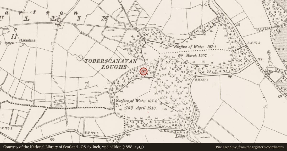 Ordnance Survey six-inch map, 2nd edition (1888–1915) covering the location of Crannog, Knockmullin, County Sligo, with a pin at the register's coordinates