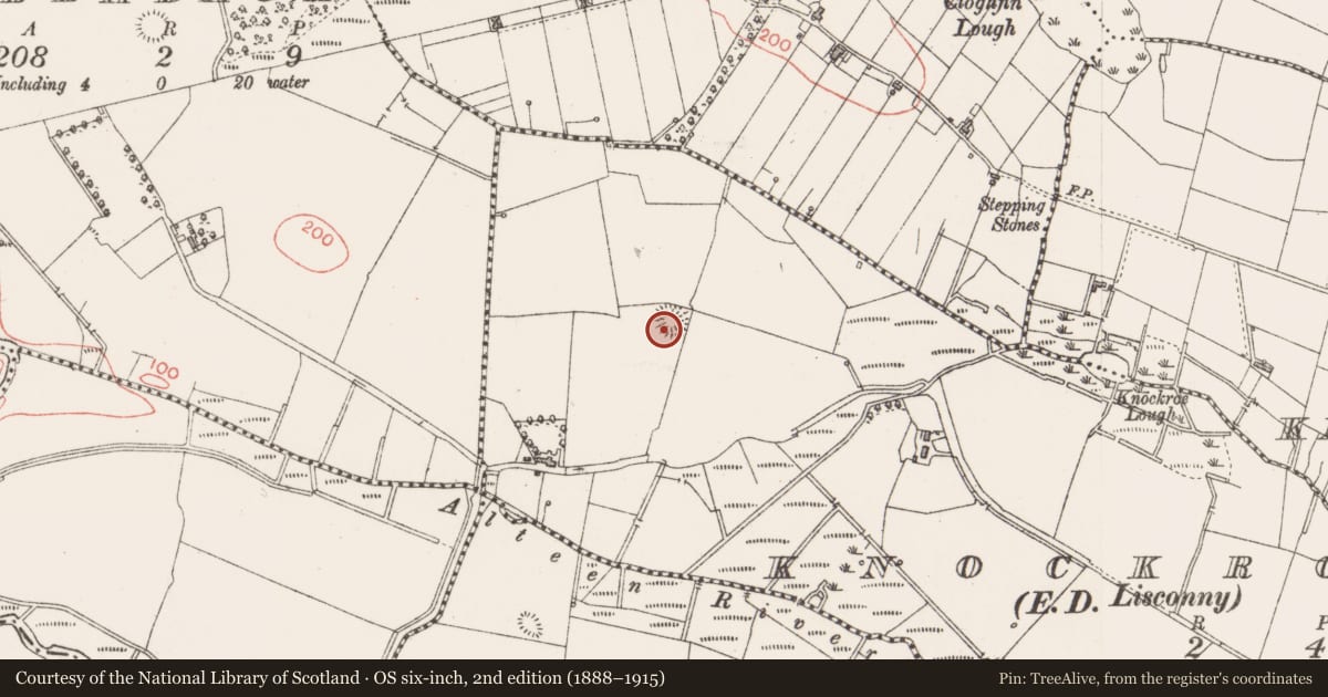 Ordnance Survey six-inch map, 2nd edition (1888–1915) covering the location of Ringfort - rath, Knockroe, County Sligo, with a pin at the register's coordinates
