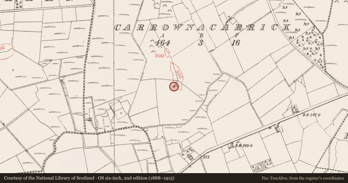 Ordnance Survey six-inch map, 2nd edition (1888–1915) covering the location of Enclosure, Carrownacarrick, County Sligo, with a pin at the register's coordinates