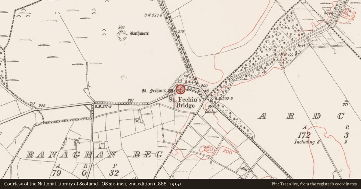 Ordnance Survey six-inch map, 2nd edition (1888–1915) covering the location of Ritual site - holy well, Rathmore, County Sligo, with a pin at the register's coordinates