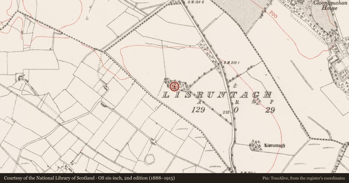 Ordnance Survey six-inch map, 2nd edition (1888–1915) covering the location of Enclosure, Lisruntagh, County Sligo, with a pin at the register's coordinates
