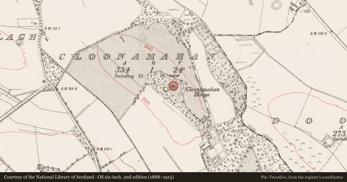 Ordnance Survey six-inch map, 2nd edition (1888–1915) covering the location of Designed landscape feature, Cloonamahan, County Sligo, with a pin at the register's coordinates