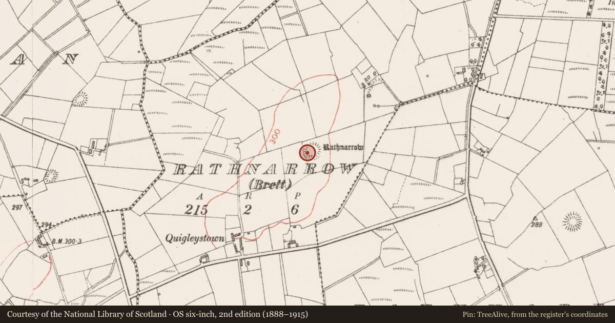 Ordnance Survey six-inch map, 2nd edition (1888–1915) covering the location of Souterrain, Rathnarrow (Brett), County Sligo, with a pin at the register's coordinates