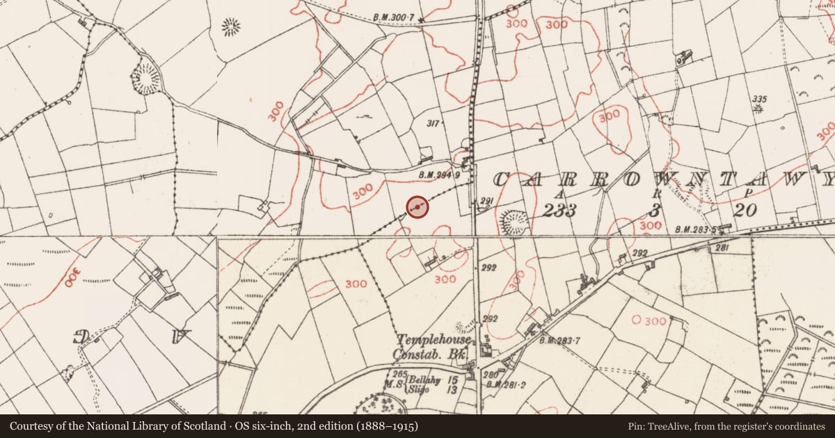 Ordnance Survey six-inch map, 2nd edition (1888–1915) covering the location of Megalithic tomb - court tomb, Ballymurray, County Sligo, with a pin at the register's coordinates