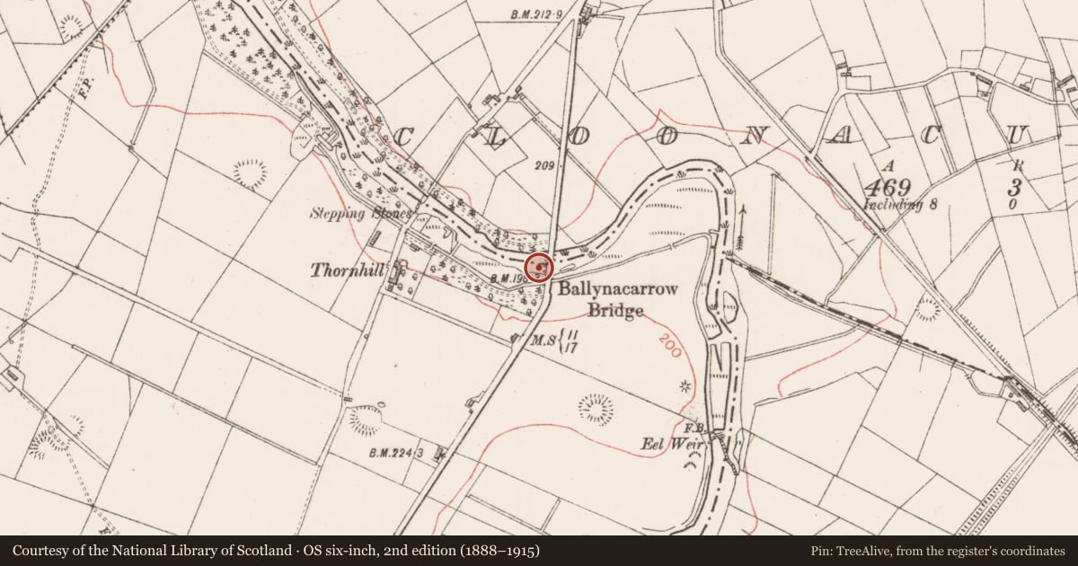 Ordnance Survey six-inch map, 2nd edition (1888–1915) covering the location of Weir - regulating, Ballynacarrow North, Cloonacurra, County Sligo, with a pin at the register's coordinates