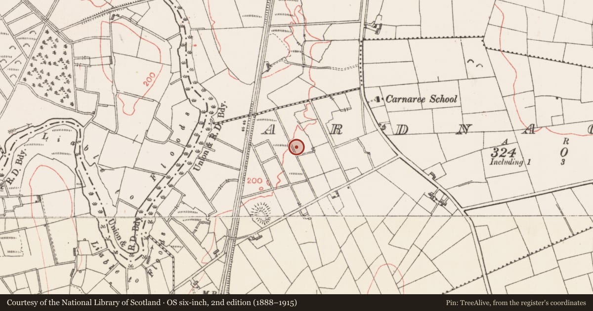 Ordnance Survey six-inch map, 2nd edition (1888–1915) covering the location of Barrow - mound barrow, Ardnaglass, County Sligo, with a pin at the register's coordinates