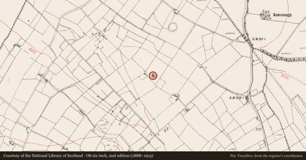 Ordnance Survey six-inch map, 2nd edition (1888–1915) covering the location of Ringfort - rath, Carrickbanagher, County Sligo, with a pin at the register's coordinates