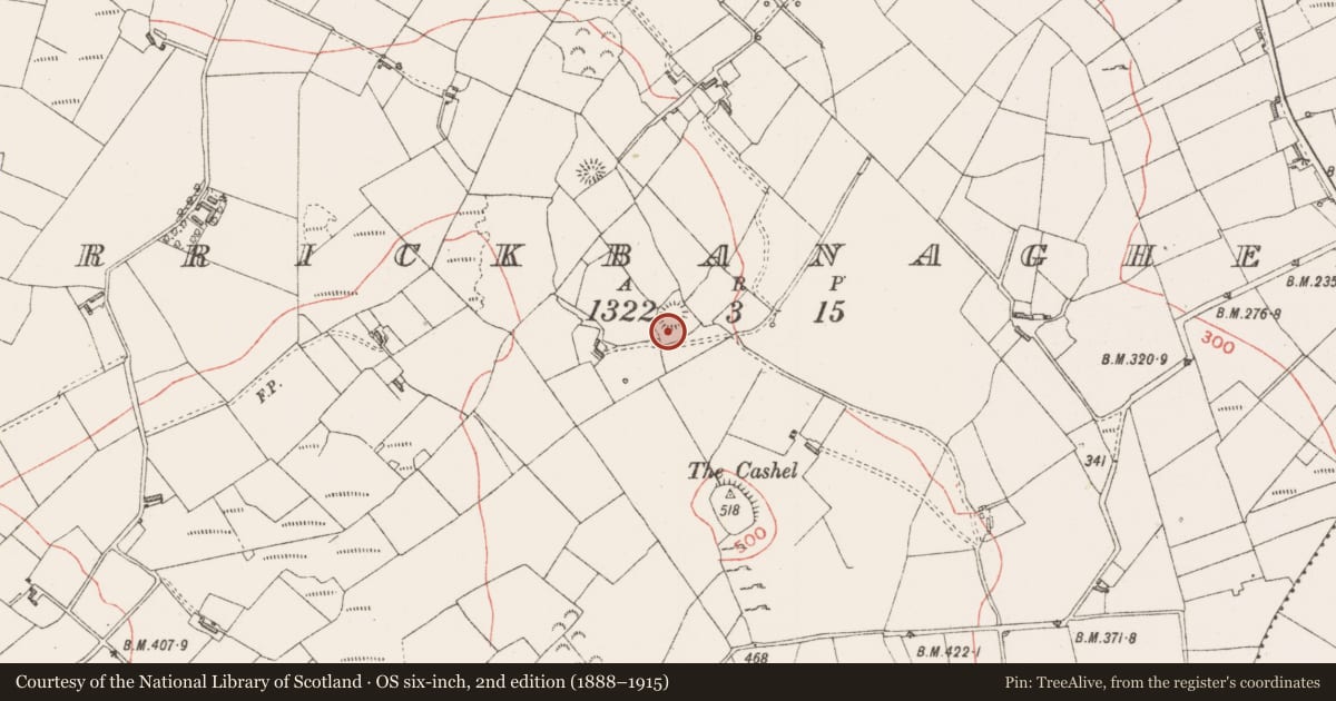 Ordnance Survey six-inch map, 2nd edition (1888–1915) covering the location of Souterrain, Carrickbanagher, County Sligo, with a pin at the register's coordinates