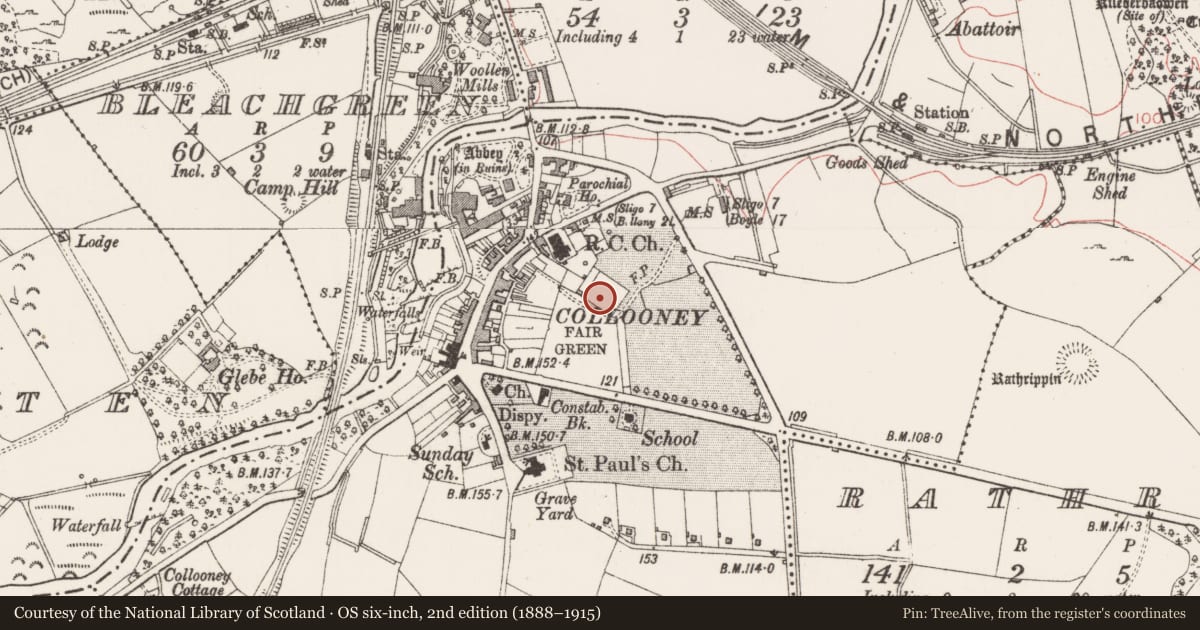 Ordnance Survey six-inch map, 2nd edition (1888–1915) covering the location of Walled garden, Collooney, County Sligo, with a pin at the register's coordinates