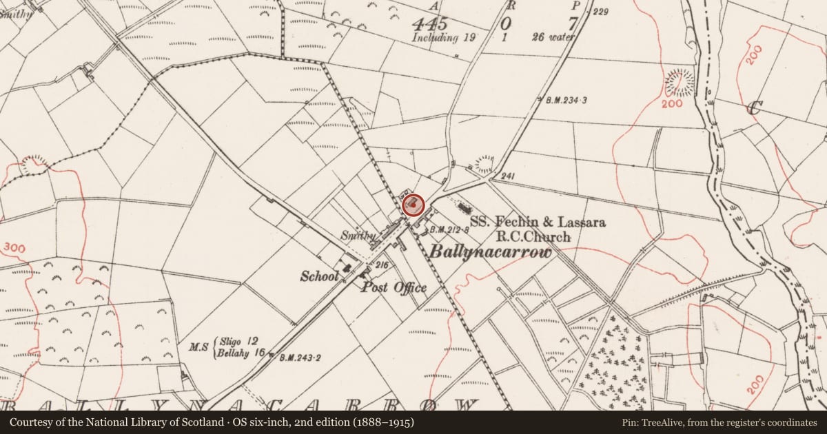 Ordnance Survey six-inch map, 2nd edition (1888–1915) covering the location of Church, Ballynacarrow North, County Sligo, with a pin at the register's coordinates