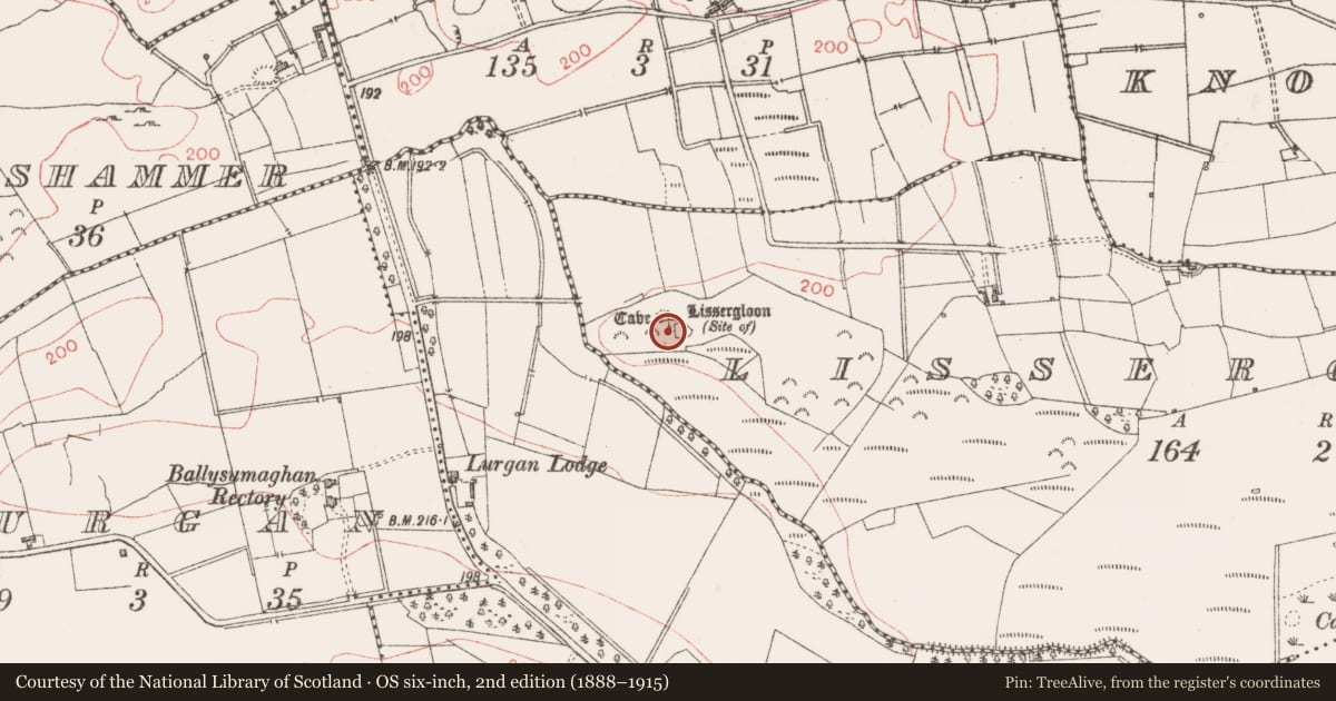 Ordnance Survey six-inch map, 2nd edition (1888–1915) covering the location of Ringfort - rath, Lissergloon, County Sligo, with a pin at the register's coordinates