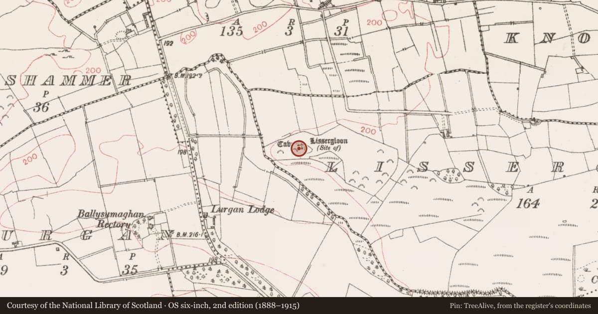 Ordnance Survey six-inch map, 2nd edition (1888–1915) covering the location of Souterrain, Lissergloon, County Sligo, with a pin at the register's coordinates