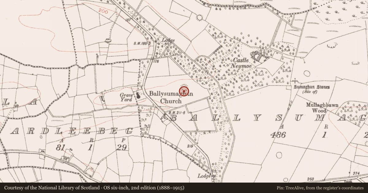 Ordnance Survey six-inch map, 2nd edition (1888–1915) covering the location of Ringfort - rath, Ballysumaghan, County Sligo, with a pin at the register's coordinates