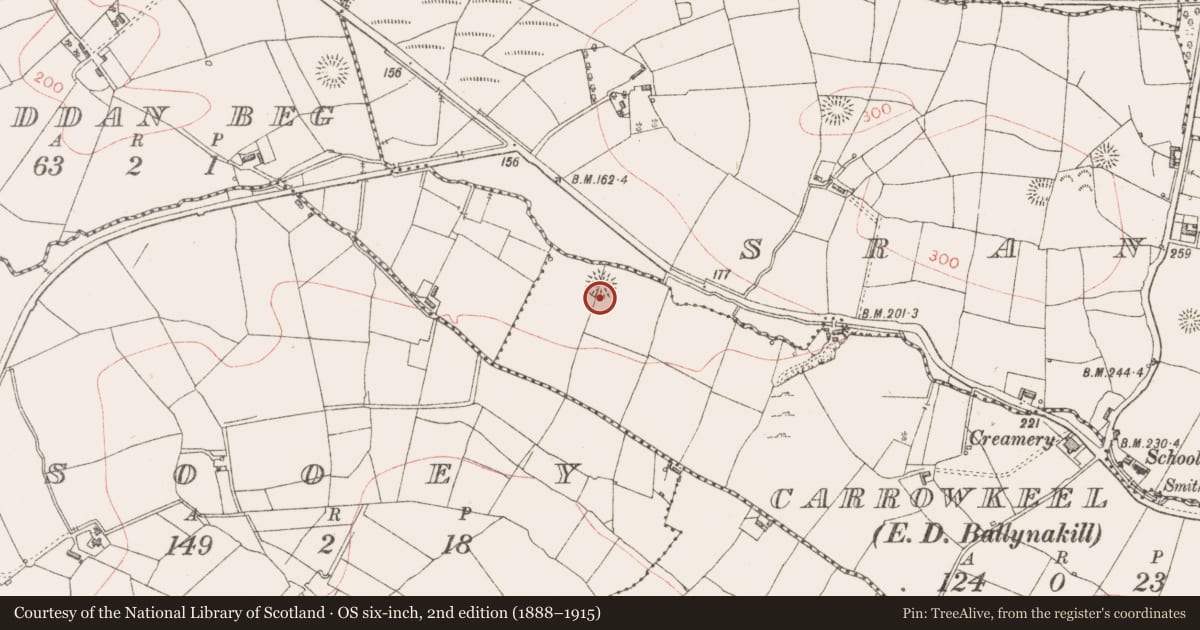 Ordnance Survey six-inch map, 2nd edition (1888–1915) covering the location of Souterrain, Carrowkeel, County Sligo, with a pin at the register's coordinates