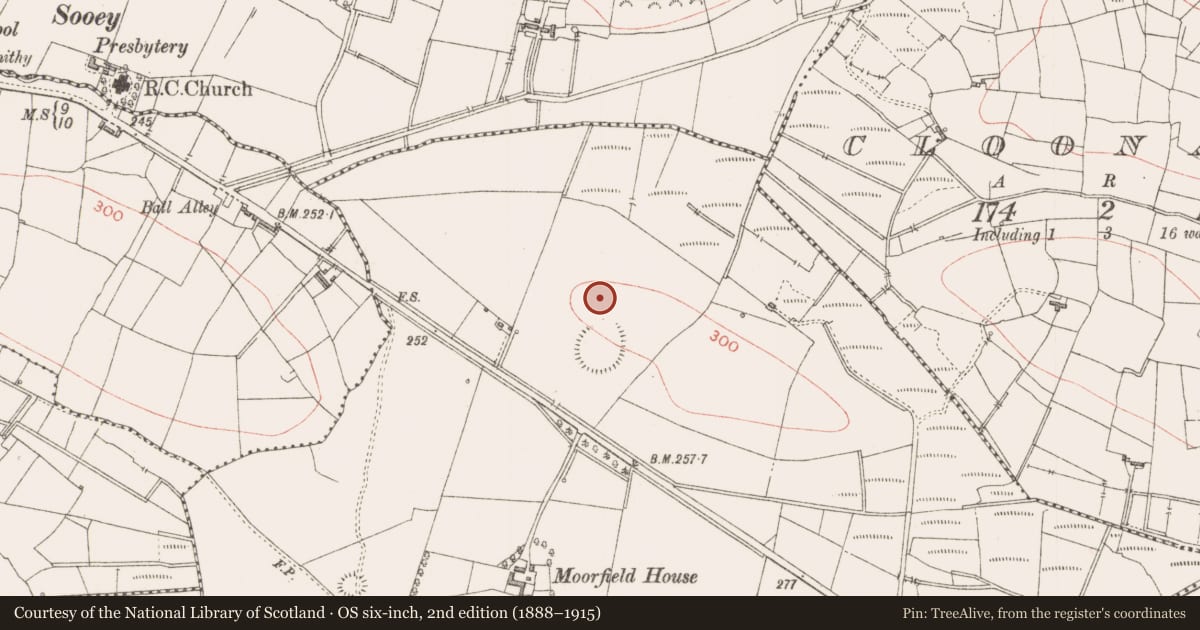 Ordnance Survey six-inch map, 2nd edition (1888–1915) covering the location of Enclosure, Clooskirt, County Sligo, with a pin at the register's coordinates