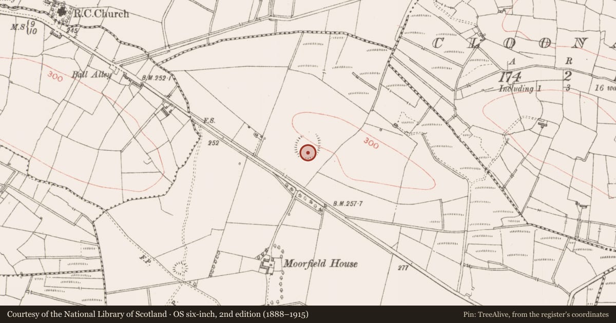 Ordnance Survey six-inch map, 2nd edition (1888–1915) covering the location of Ringfort - rath, Clooskirt, County Sligo, with a pin at the register's coordinates
