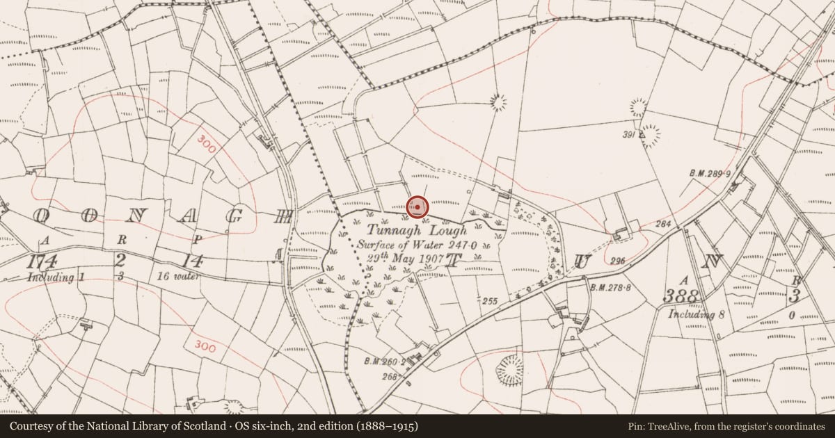 Ordnance Survey six-inch map, 2nd edition (1888–1915) covering the location of Crannog, Tunnagh, County Sligo, with a pin at the register's coordinates
