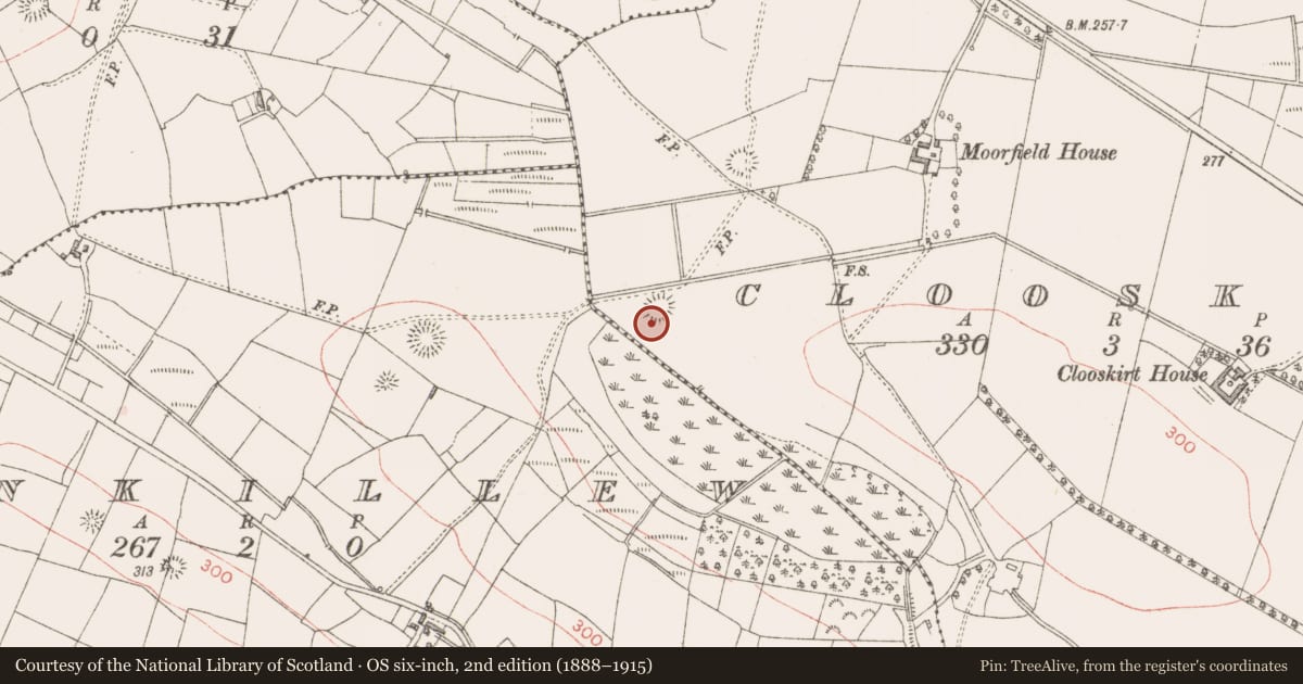 Ordnance Survey six-inch map, 2nd edition (1888–1915) covering the location of Ringfort - rath, Clooskirt, County Sligo, with a pin at the register's coordinates