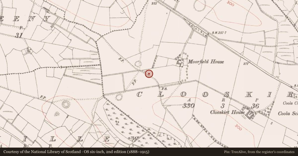 Ordnance Survey six-inch map, 2nd edition (1888–1915) covering the location of Enclosure, Clooskirt, County Sligo, with a pin at the register's coordinates