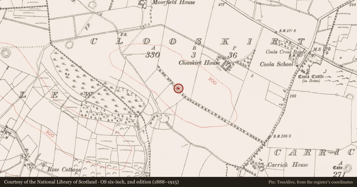 Ordnance Survey six-inch map, 2nd edition (1888–1915) covering the location of Ringfort - rath, Clooskirt, County Sligo, with a pin at the register's coordinates