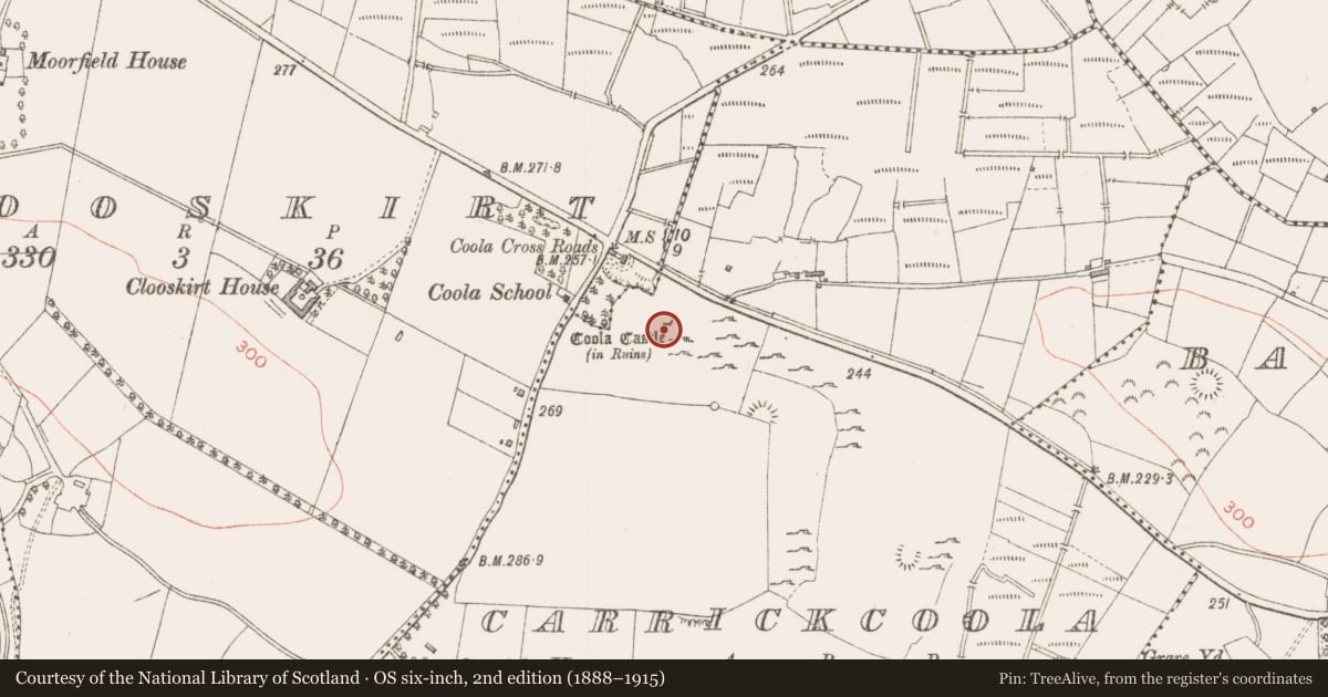 Ordnance Survey six-inch map, 2nd edition (1888–1915) covering the location of Bawn, Carrickcoola, County Sligo, with a pin at the register's coordinates