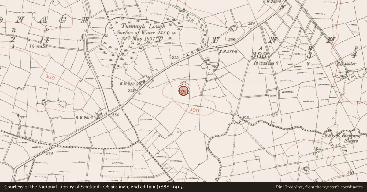 Ordnance Survey six-inch map, 2nd edition (1888–1915) covering the location of Ringfort - rath, Tunnagh, County Sligo, with a pin at the register's coordinates