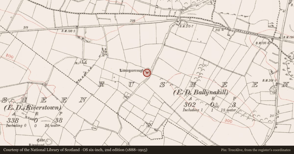 Ordnance Survey six-inch map, 2nd edition (1888–1915) covering the location of Ringfort - rath, Rusheen, County Sligo, with a pin at the register's coordinates