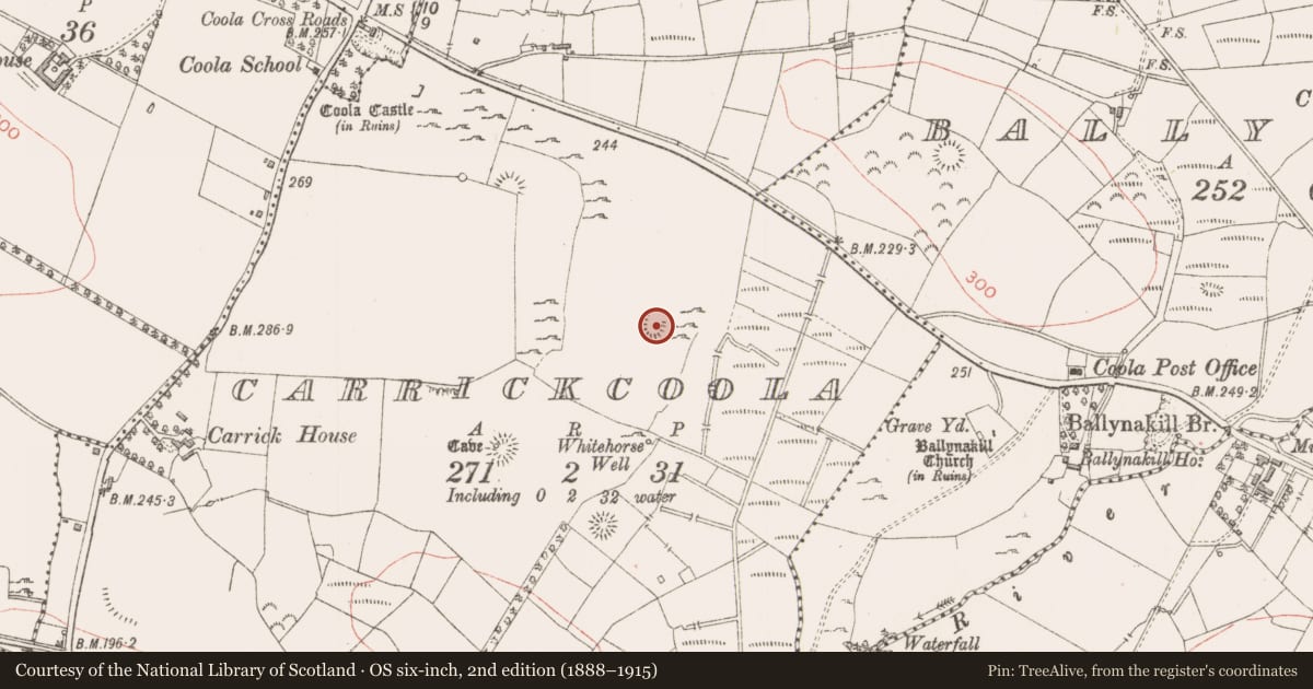 Ordnance Survey six-inch map, 2nd edition (1888–1915) covering the location of Enclosure, Carrickcoola, County Sligo, with a pin at the register's coordinates
