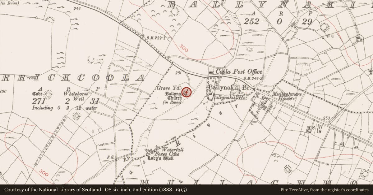 Ordnance Survey six-inch map, 2nd edition (1888–1915) covering the location of Graveyard, Ballynakill, County Sligo, with a pin at the register's coordinates
